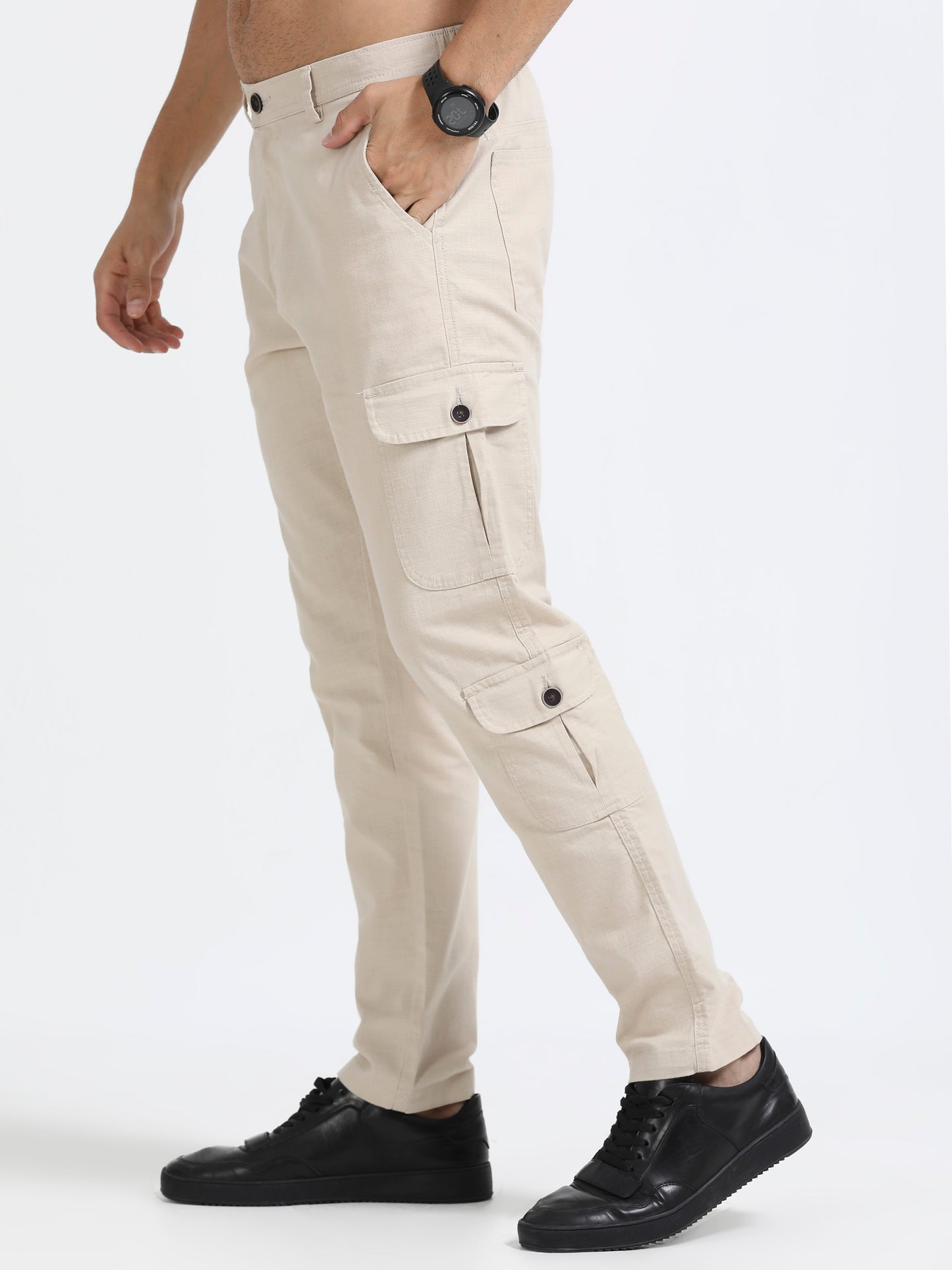 Men Lazy Linen Utility Cargo-Beige