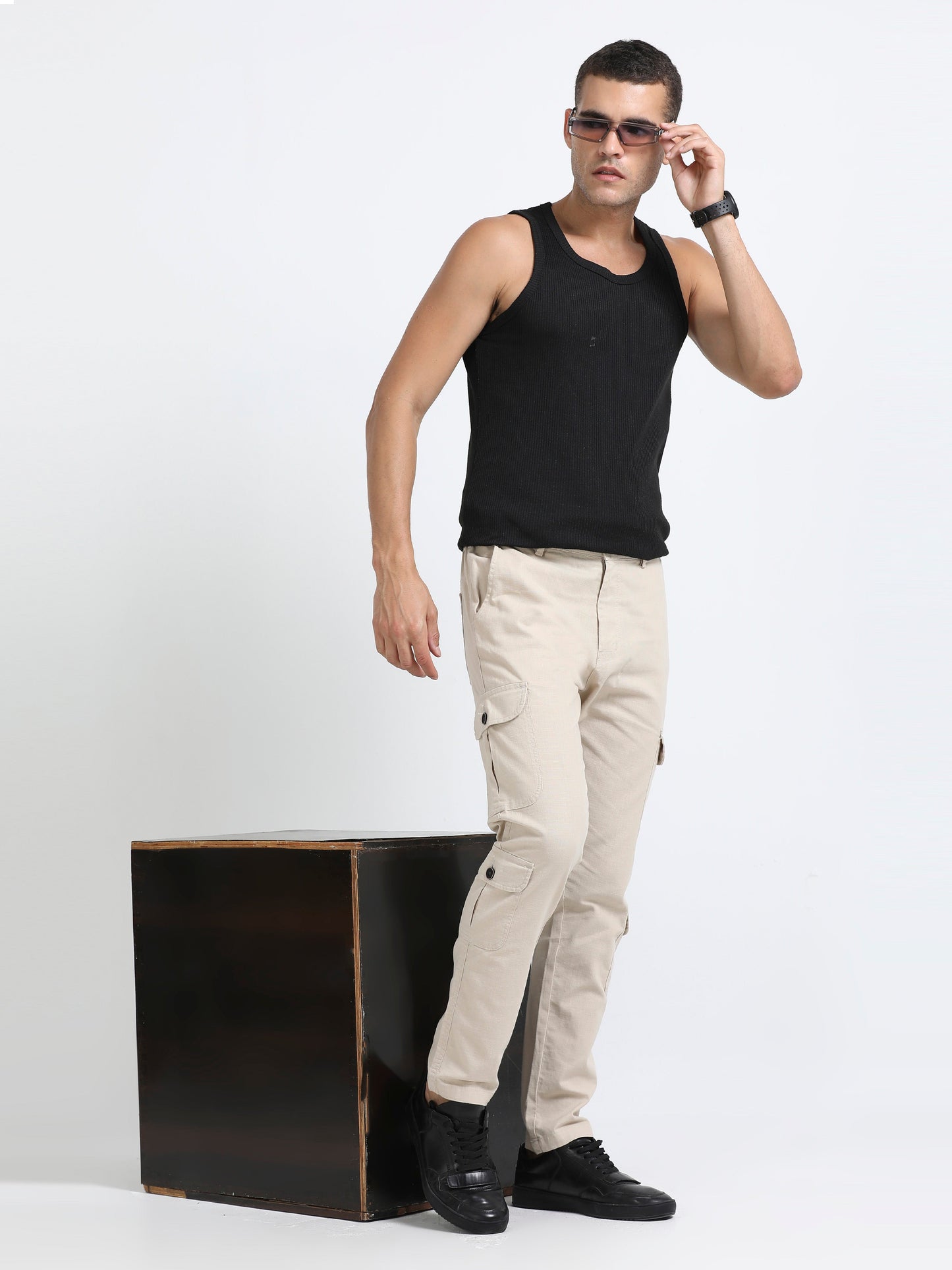 Men Lazy Linen Utility Cargo-Beige