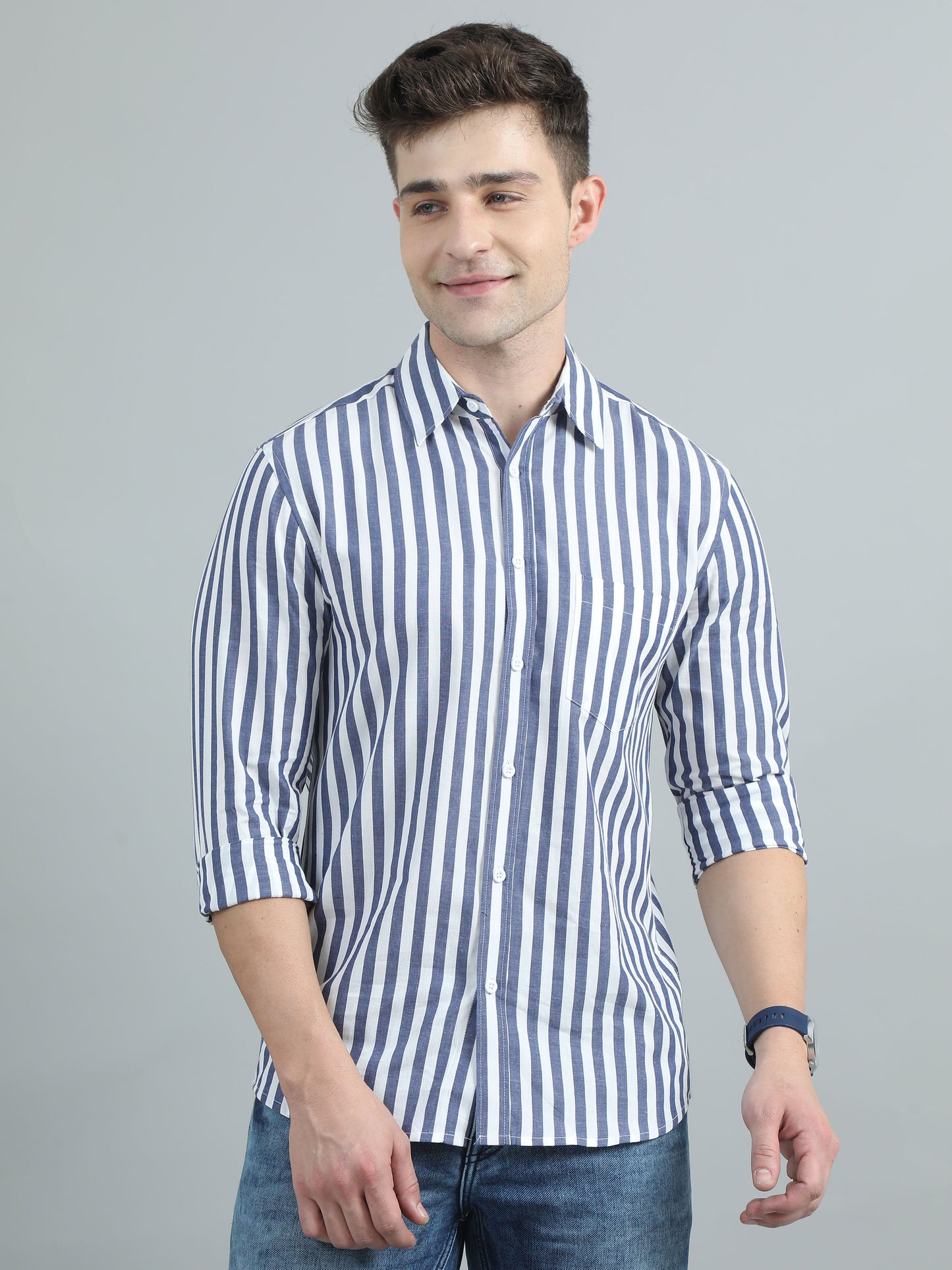 Men Blue & White Stripe Shirt