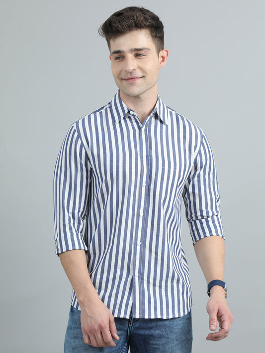 Men Blue & White Stripe Shirt