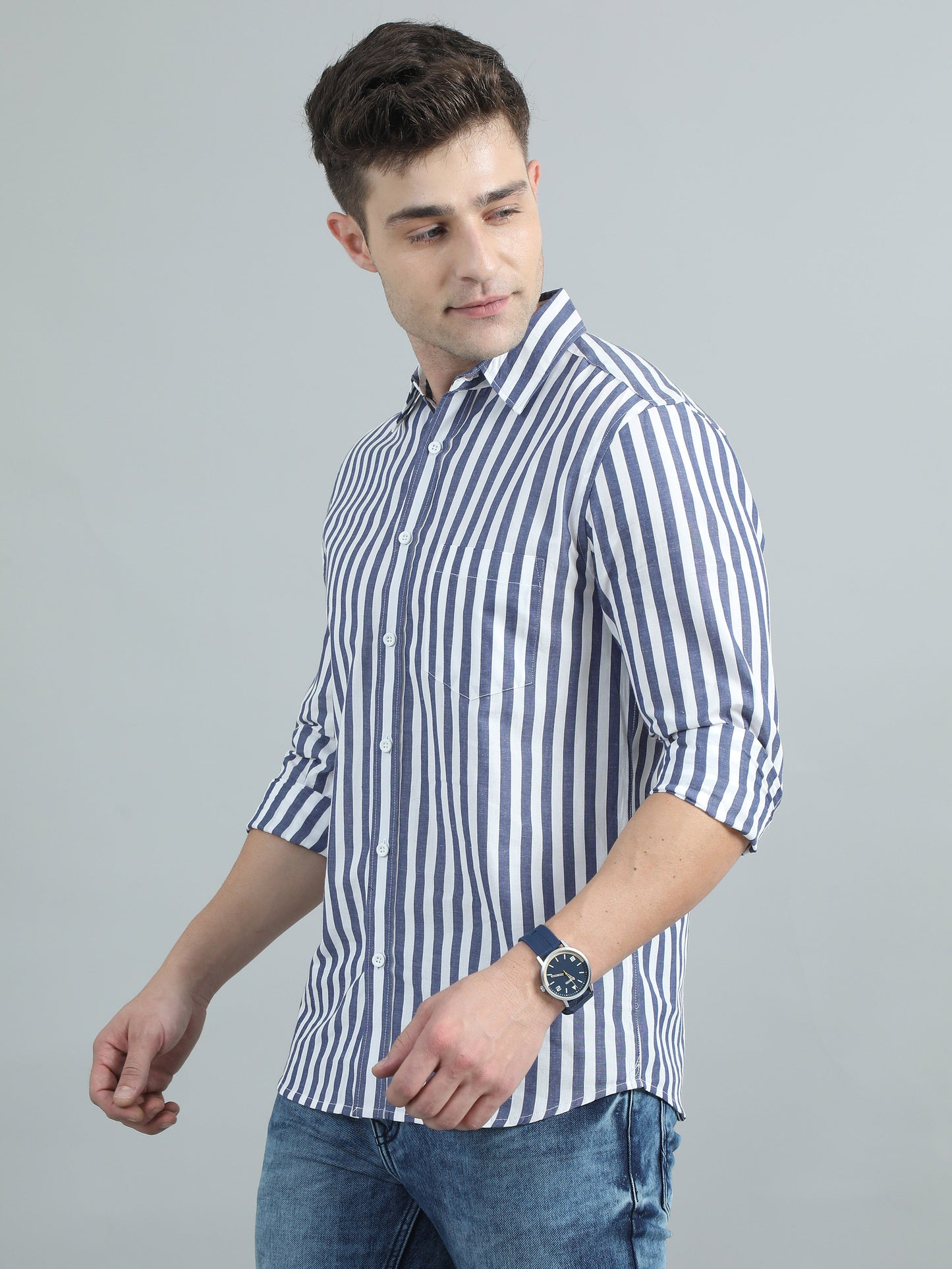 Men Blue & White Stripe Shirt