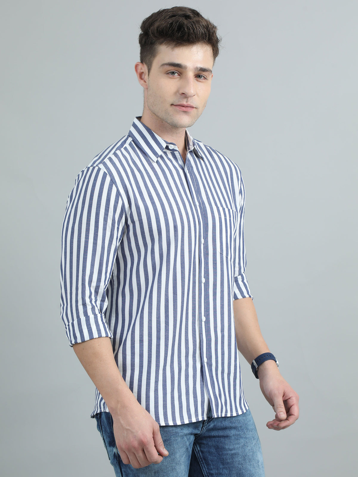 Men Blue & White Stripe Shirt