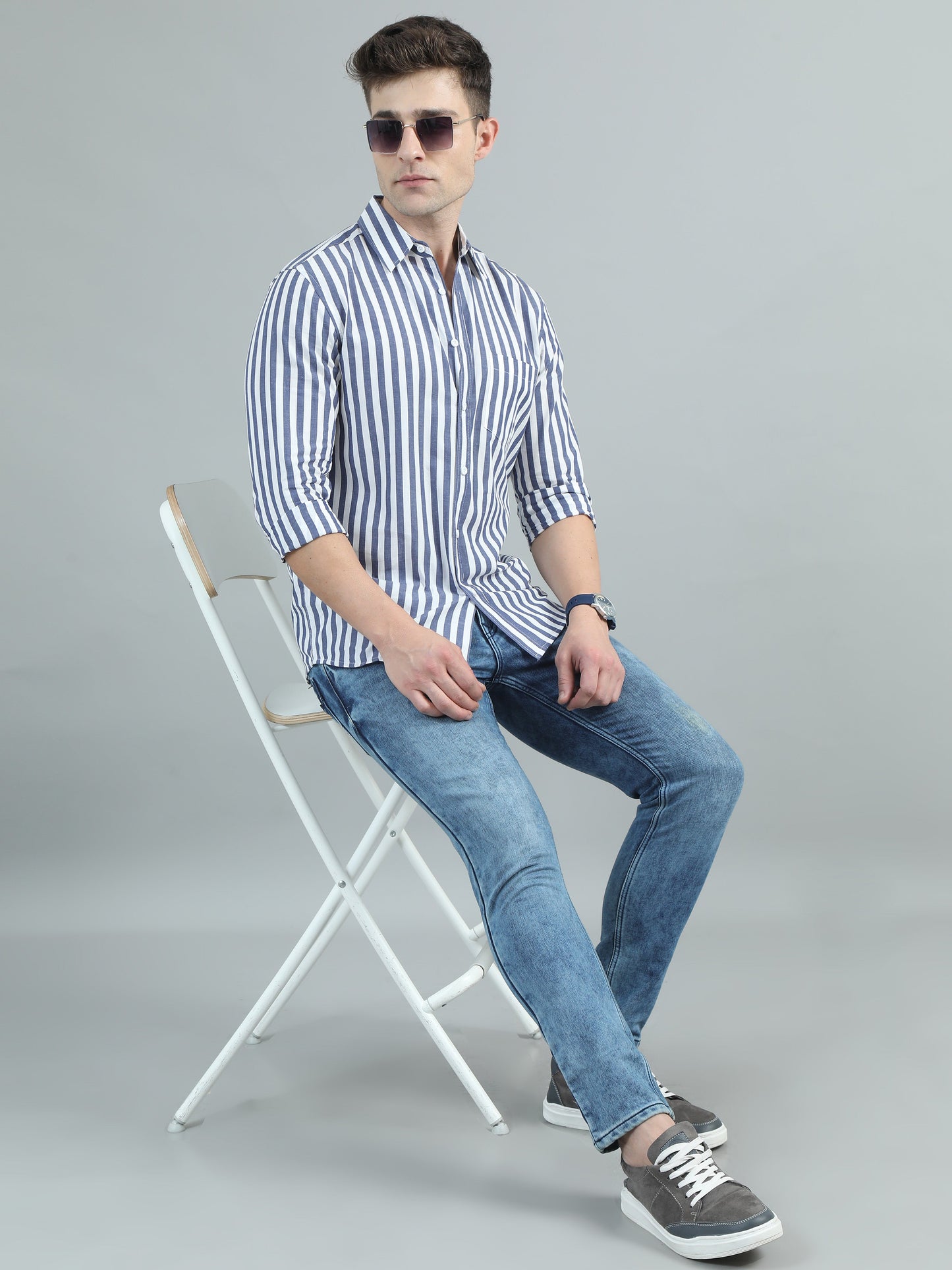 Men Blue & White Stripe Shirt