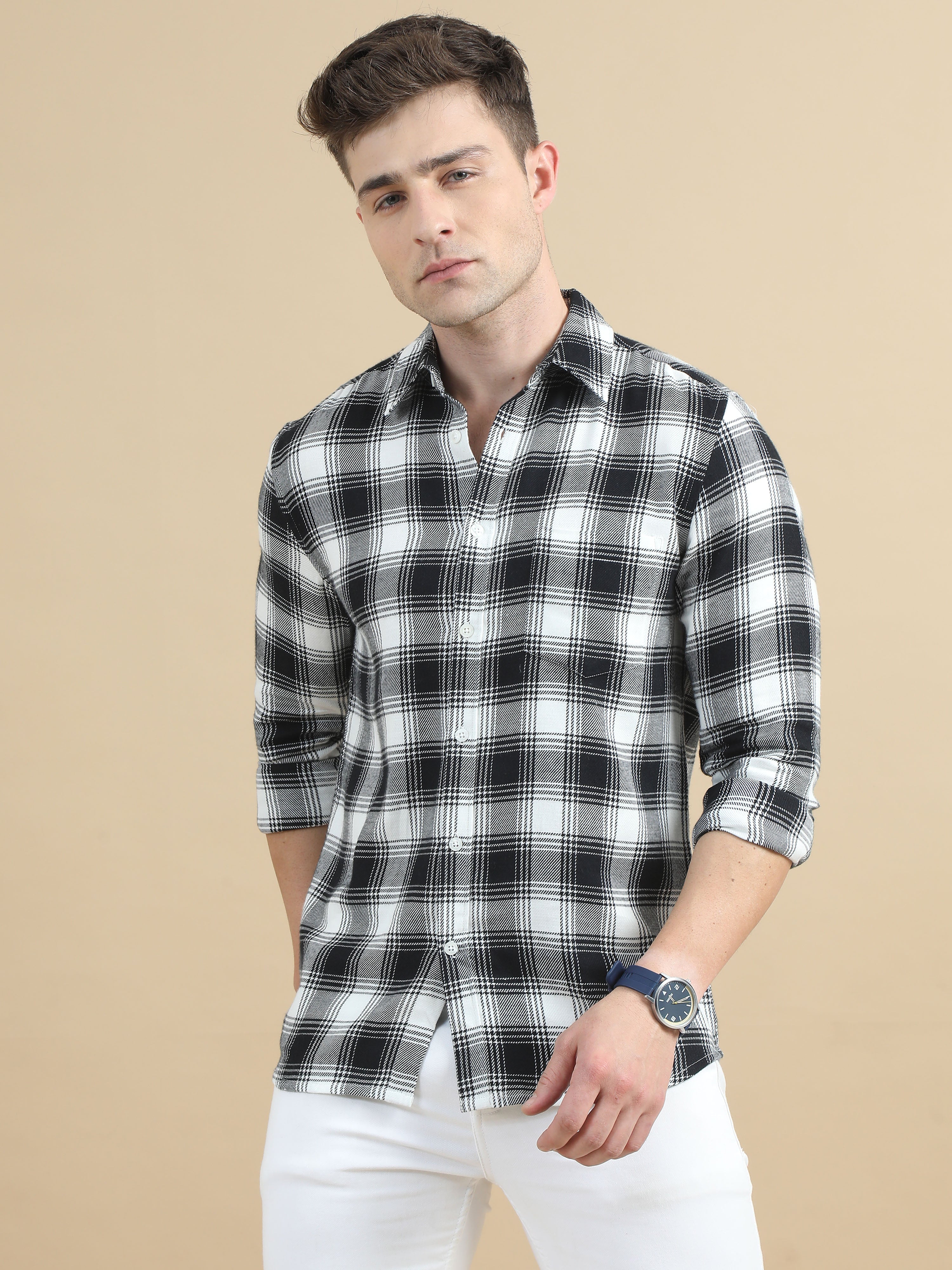 Men White & Black Checks Shirt