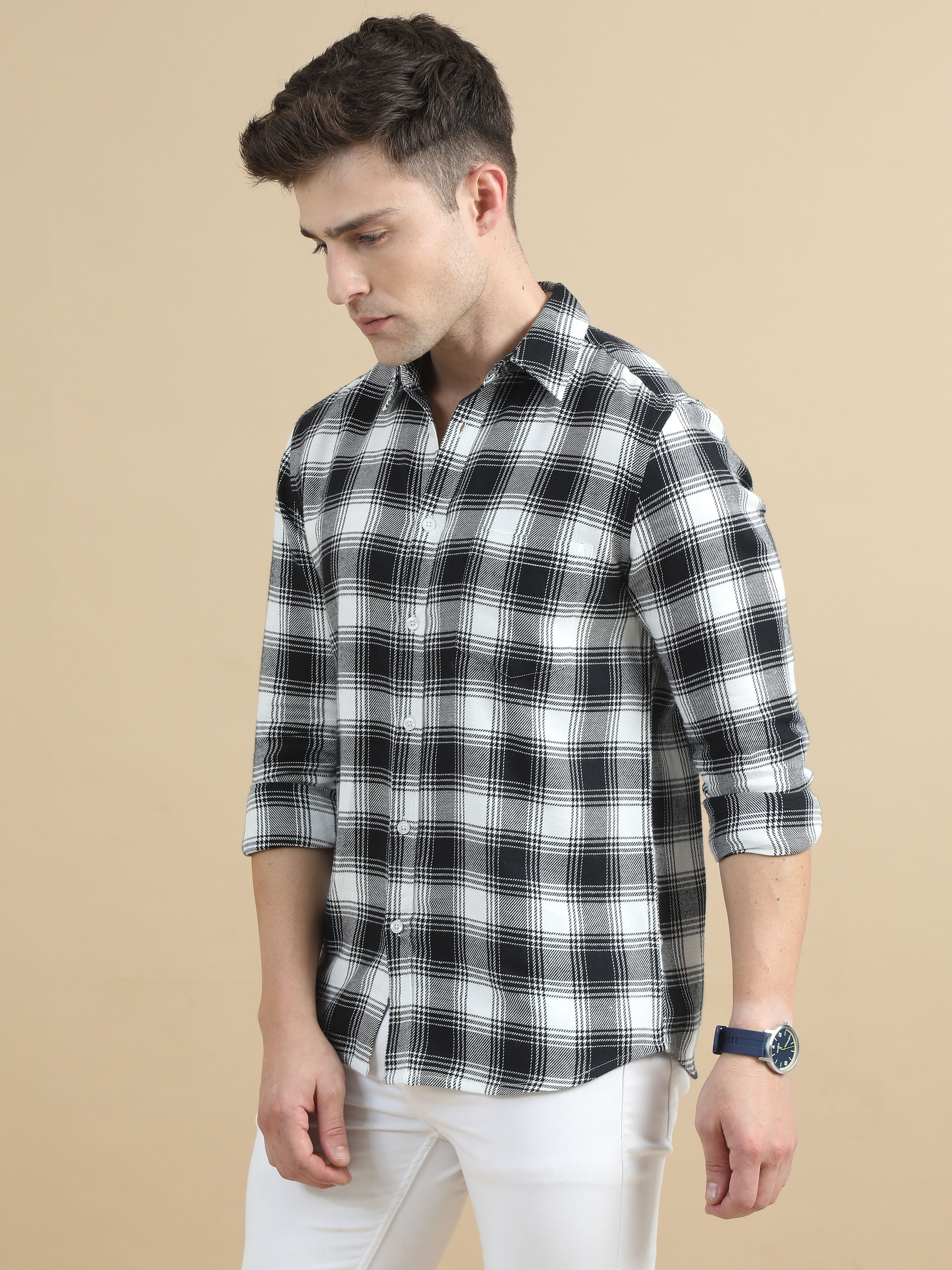 Men White & Black Checks Shirt