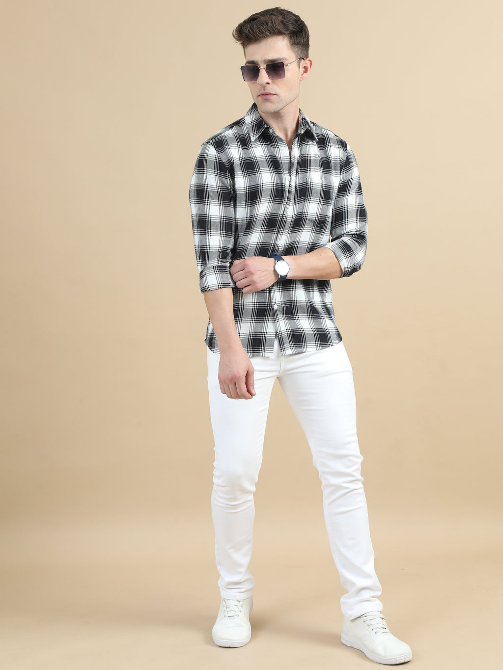 Men White & Black Checks Shirt
