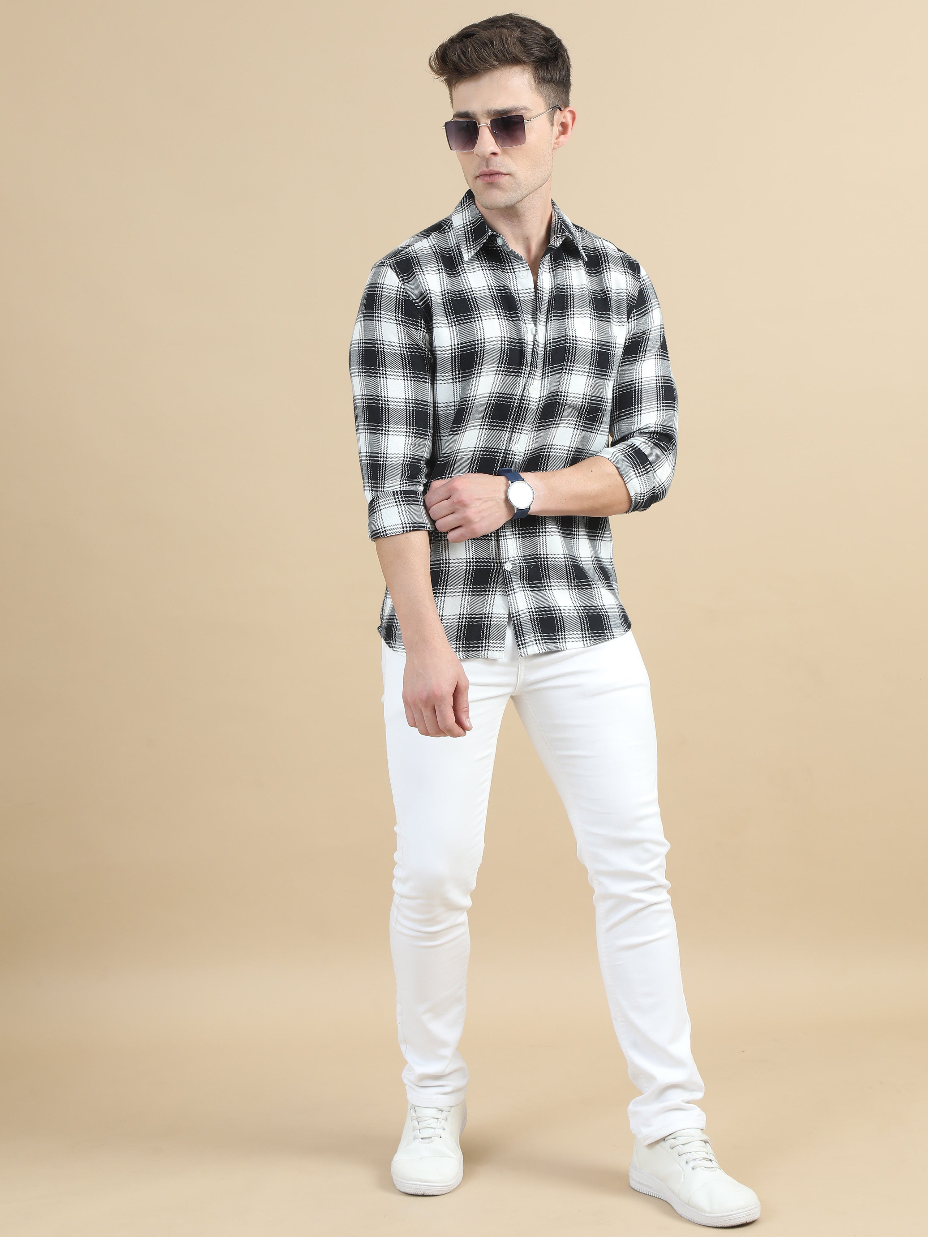 Men White & Black Checks Shirt