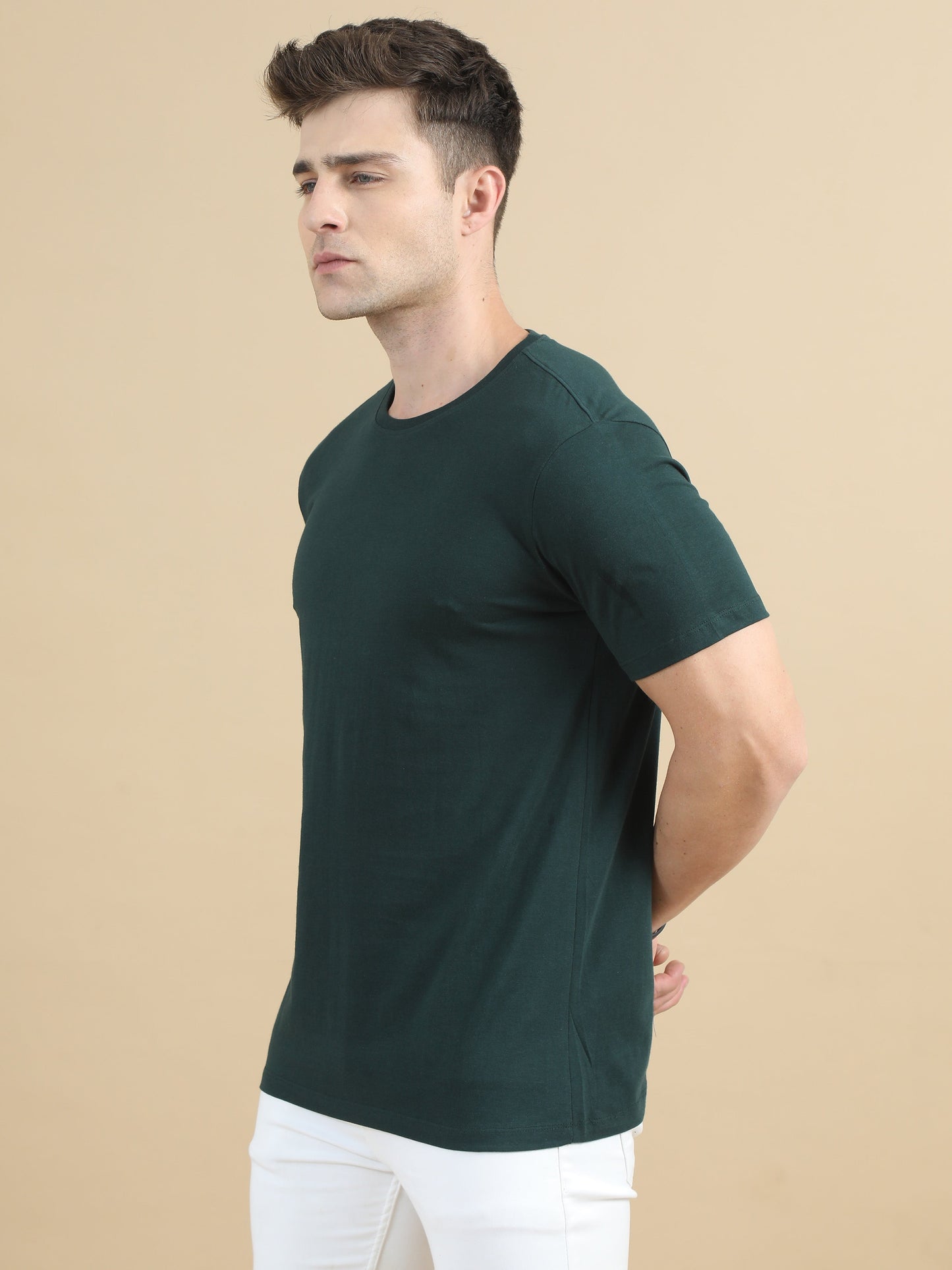 Crew Neck Men Solid T-Shirt - Dark Green