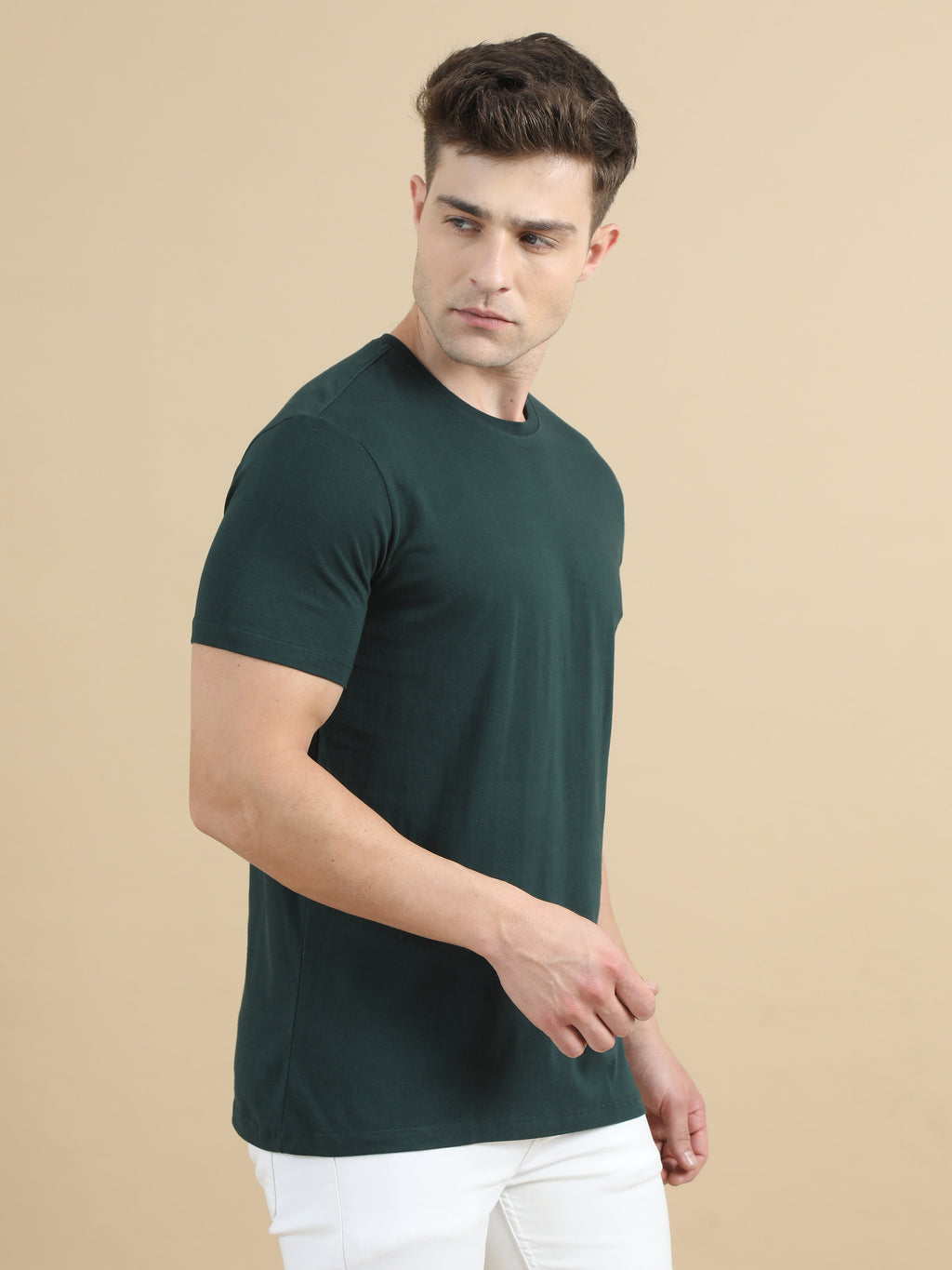 Crew Neck Men Solid T-Shirt - Dark Green