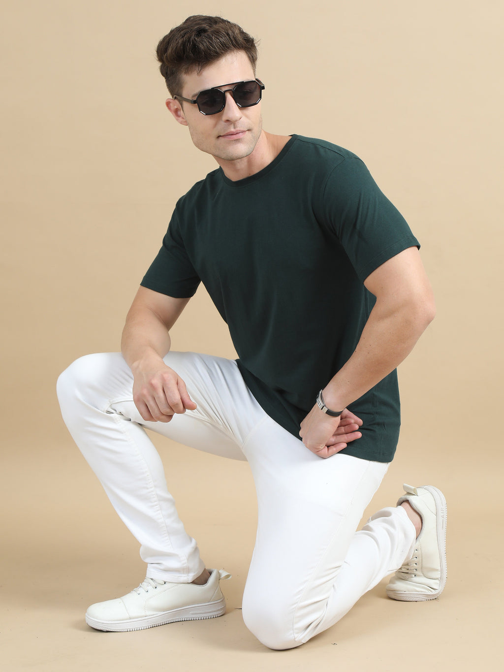 Crew Neck Men Solid T-Shirt - Dark Green