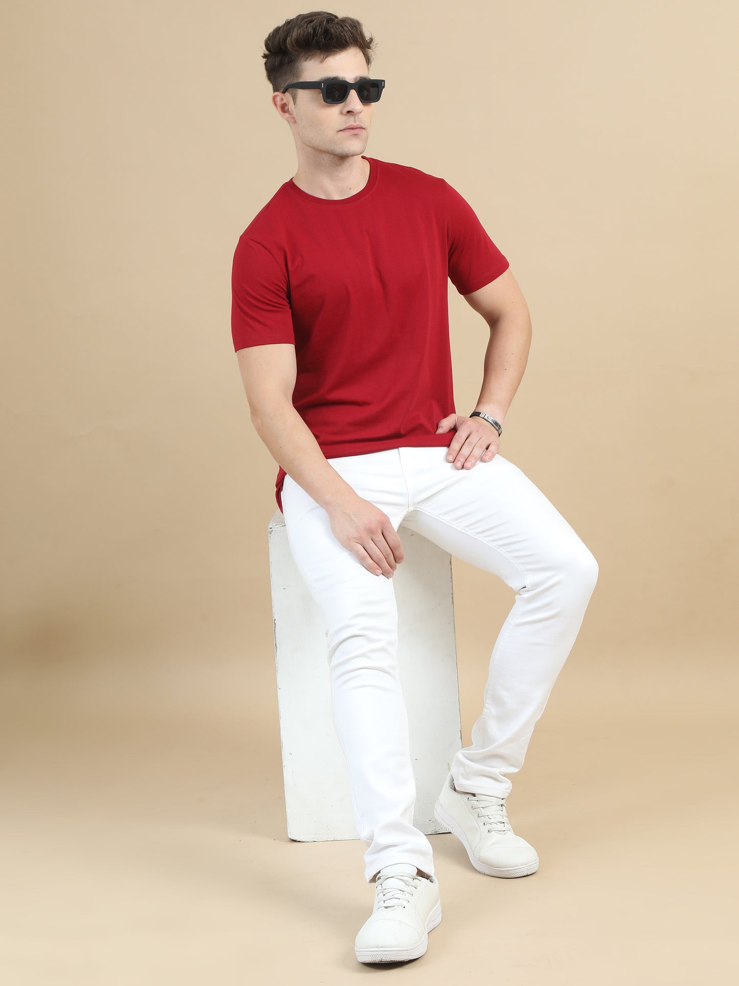 Crew Neck Men Solid T-Shirt - Red