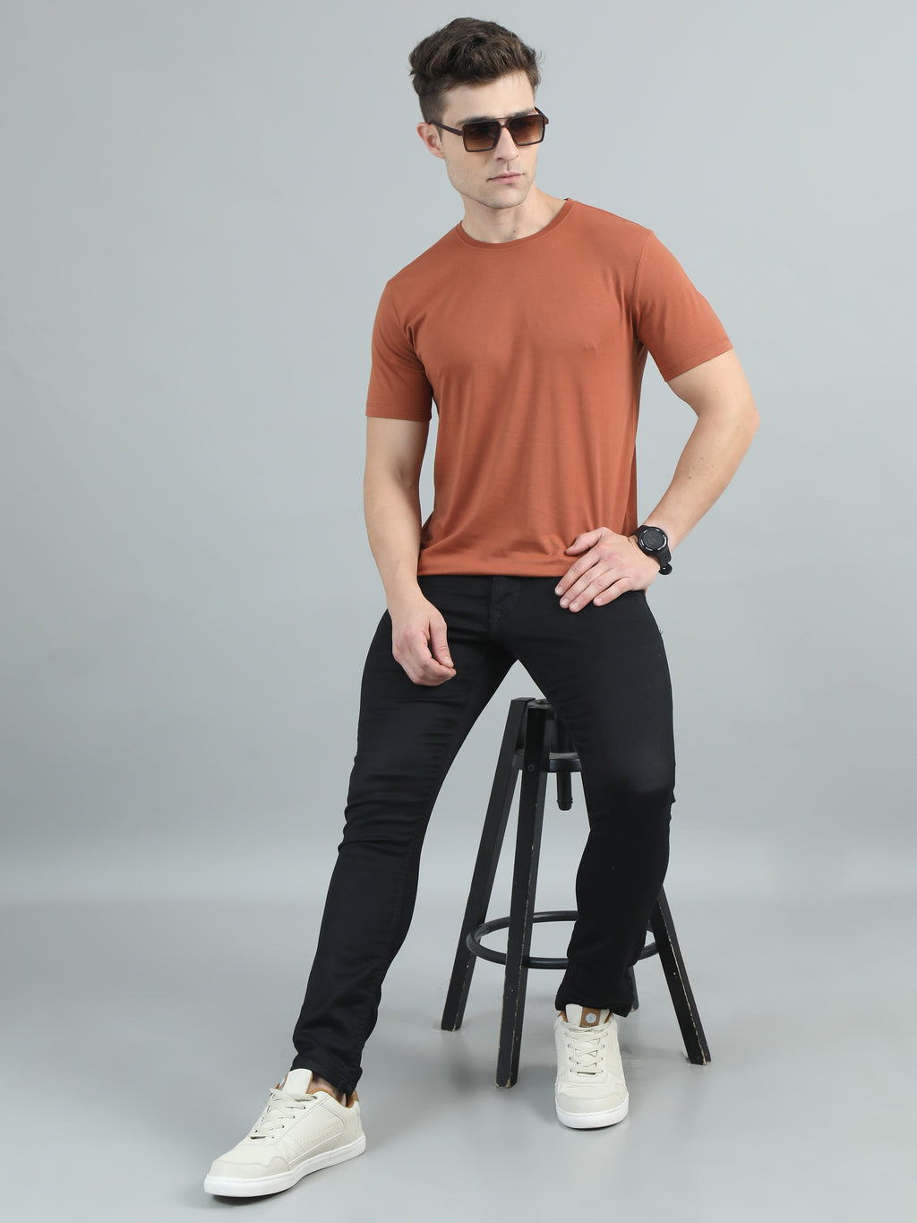 Crew Neck Men Solid T-Shirt - Dull Orange