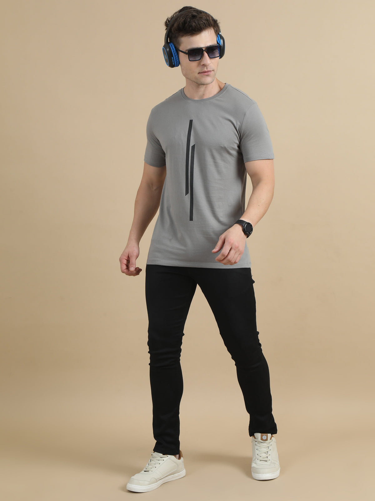 Line Printed T-Shirt - Grey