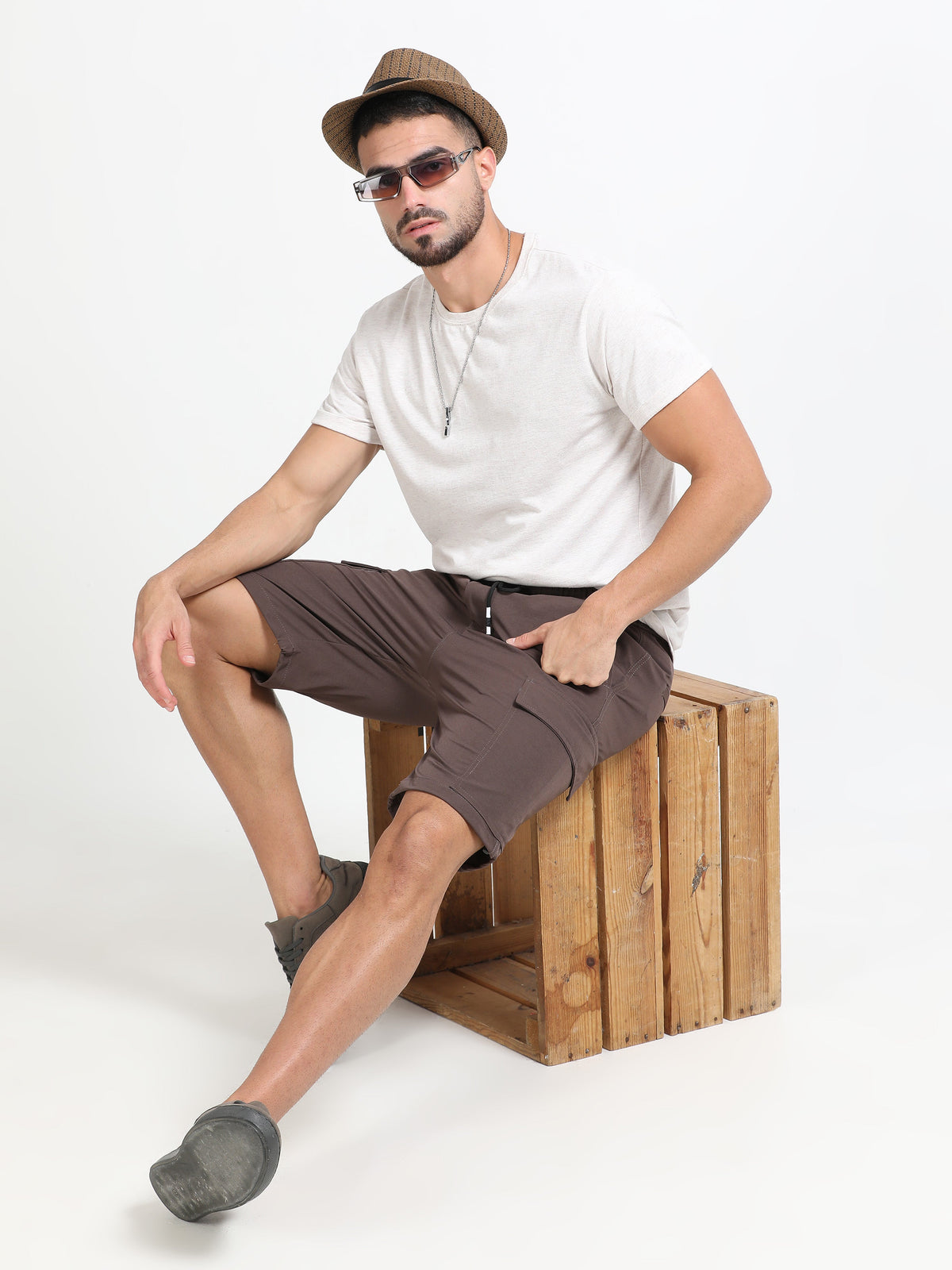 Men Parachute Cargo Shorts-Brown