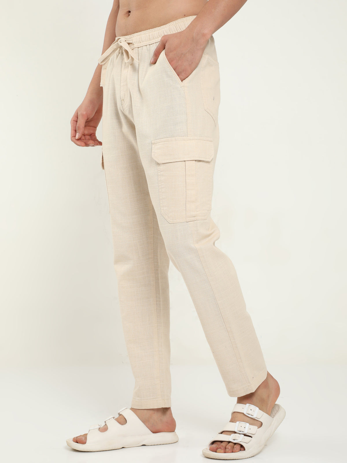 Men Lazy Beige Linen Pants