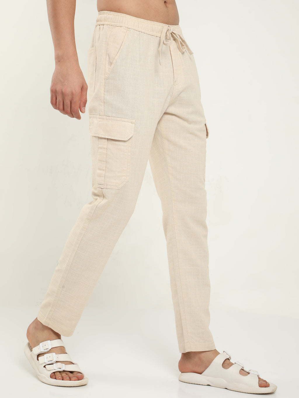 Men Lazy Beige Linen Pants