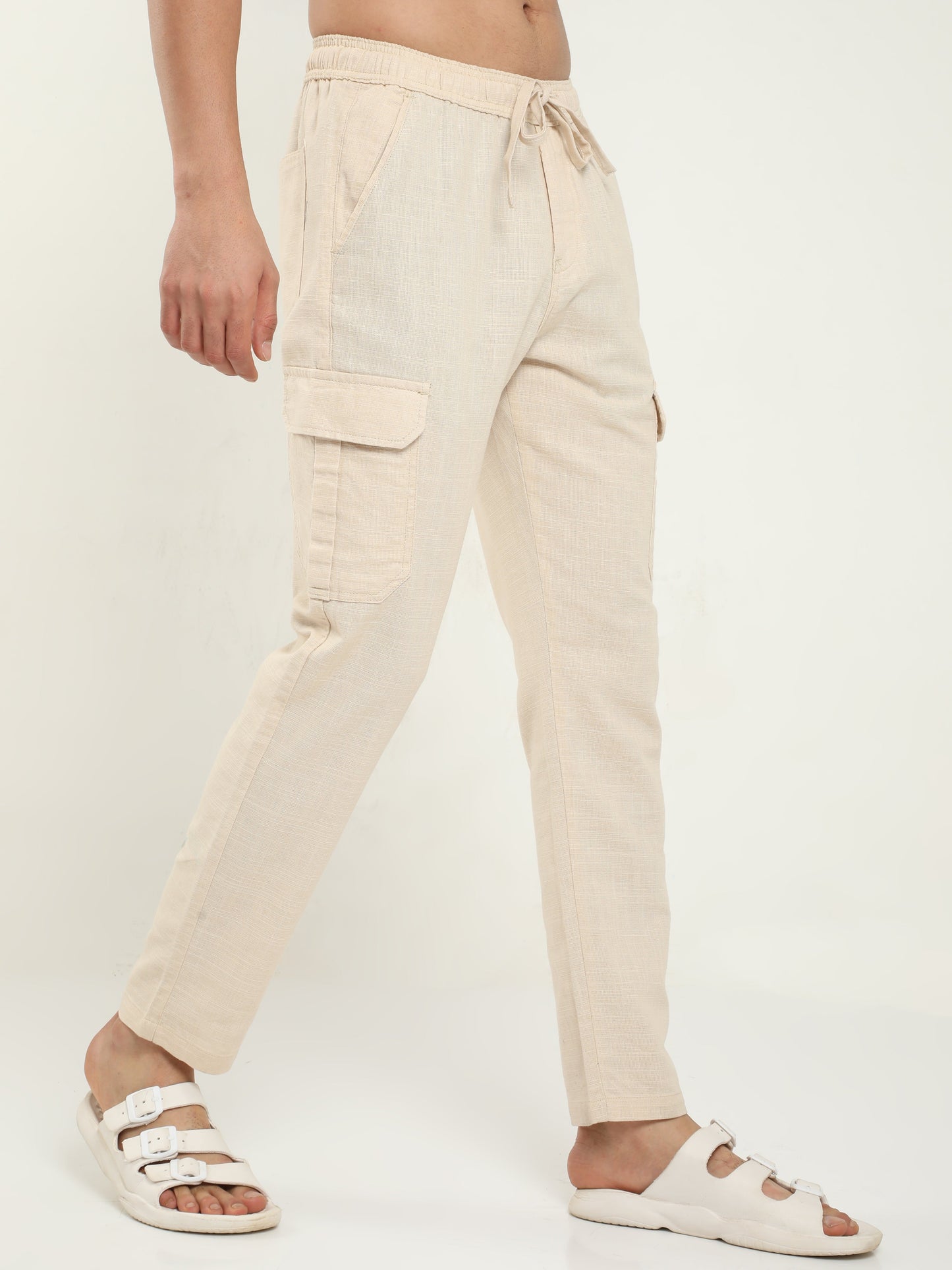 Men Lazy Beige Linen Pants