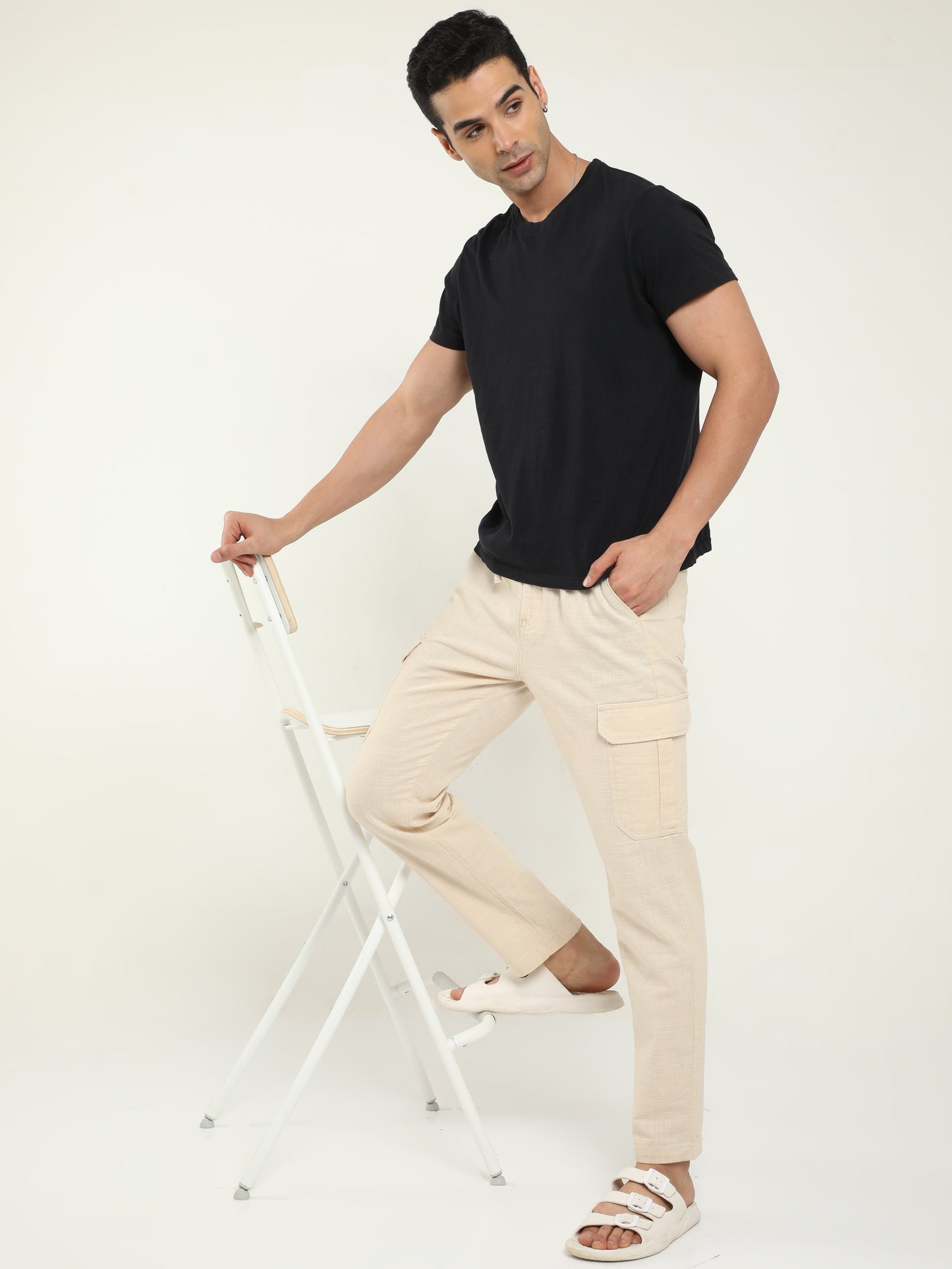 Men Lazy Beige Linen Pants