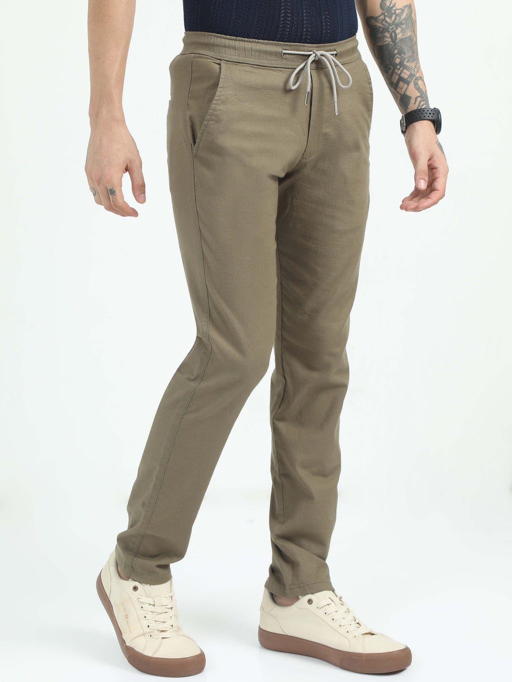 Men Comfy Linen Trousers-Olive