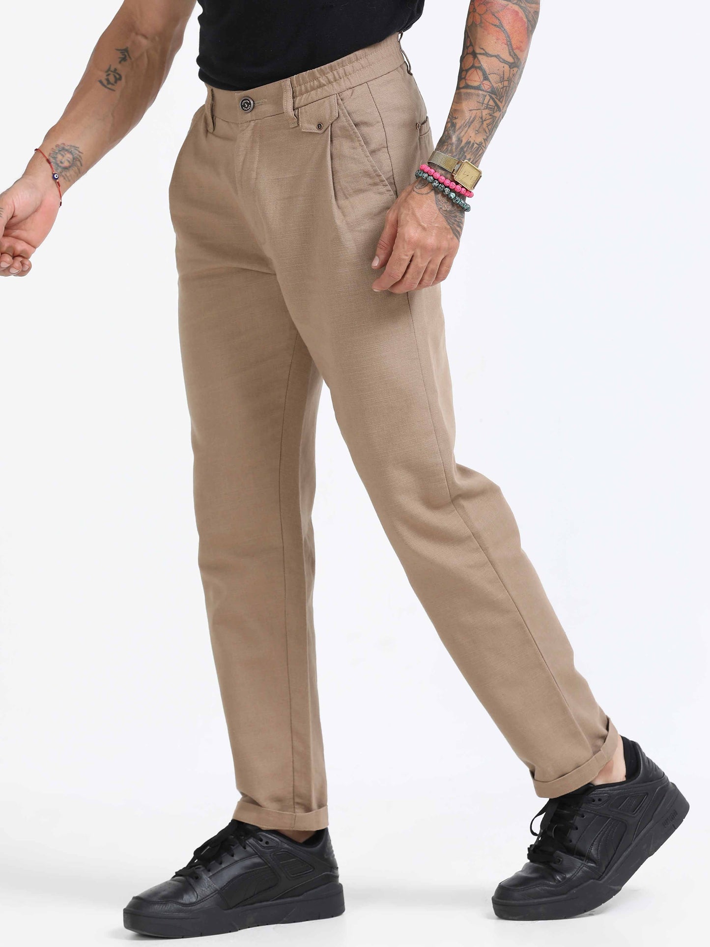 Elite Pleated Trouser - Linen Feels In Khaki