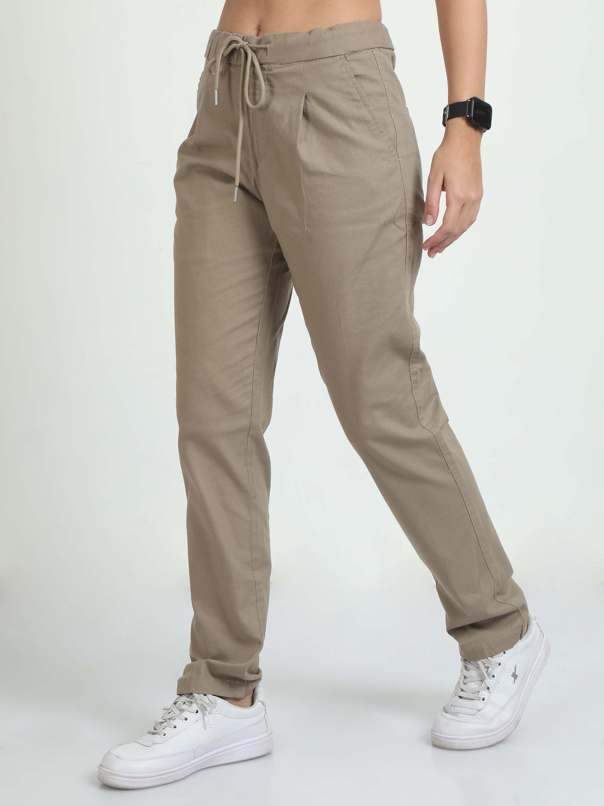 Women Lazy Linen Pleat Pant-Khakhi