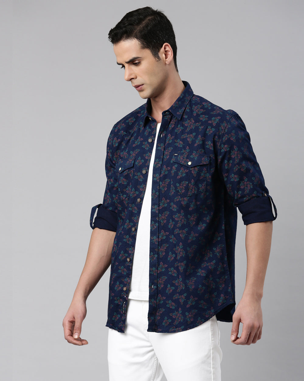 Men's Slim Fit Indigo Printed Shirt