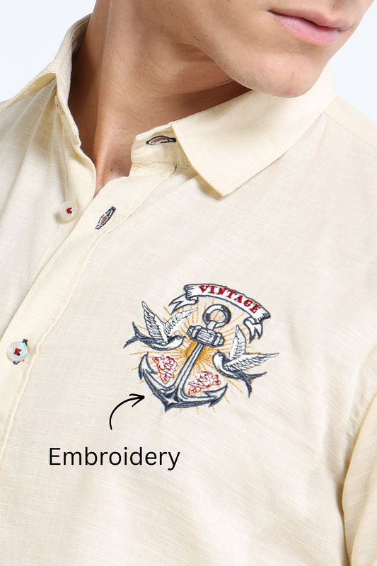 Men’s Beige-Yellow Cotton Casual Shirt with Anchor Embroidery Detailing