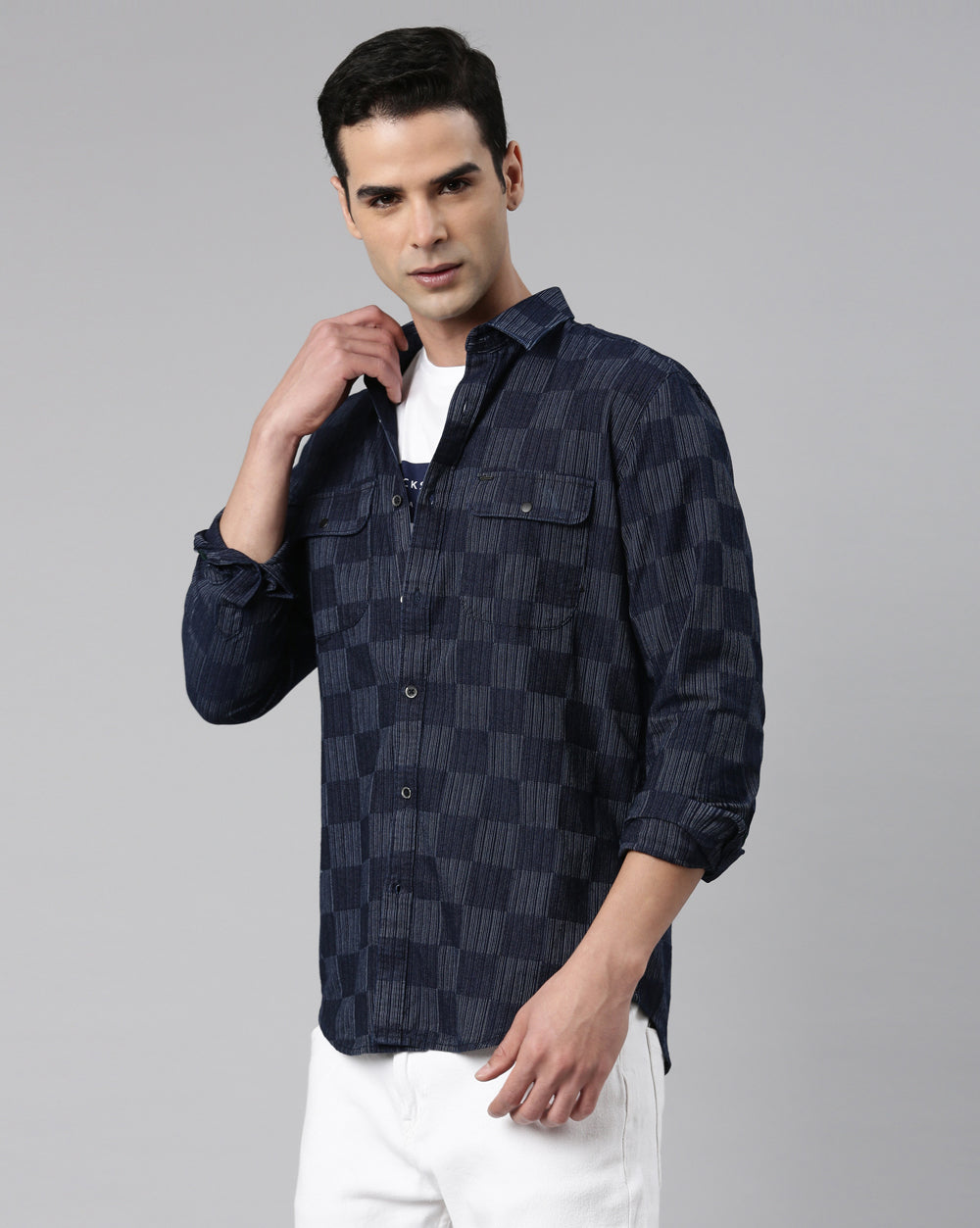 Indigo Double Pocket Checkered Shirt