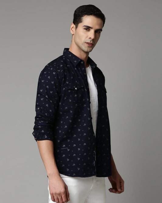 Indigo Double Pocket Denim Printed Shirt