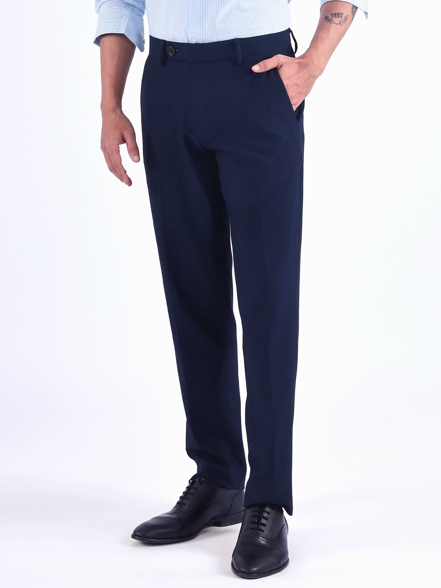 Stretch Easy Striped Formal Pants In Blue