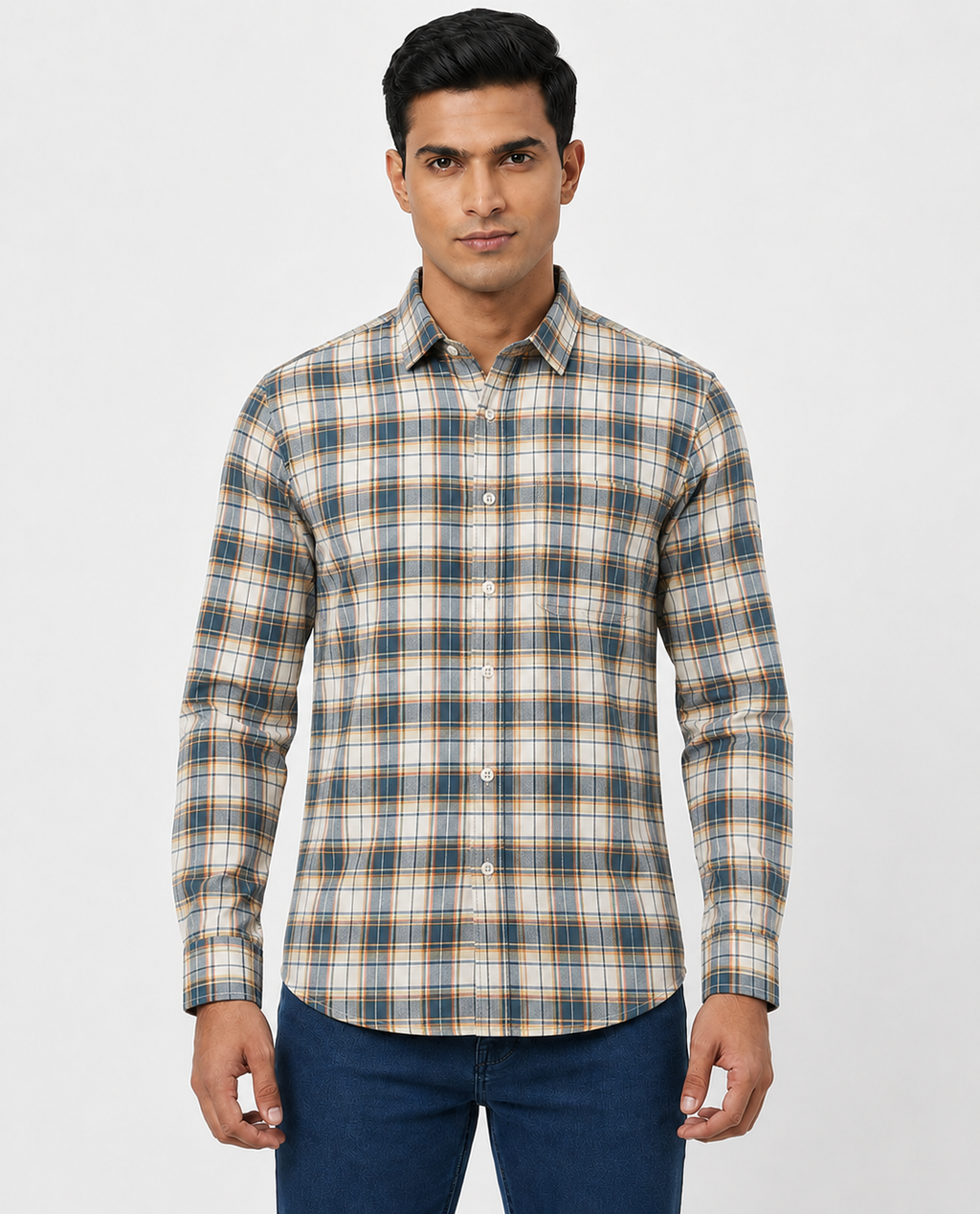 Men Oxford Square Checks Slim Fit Shirt – Aqua