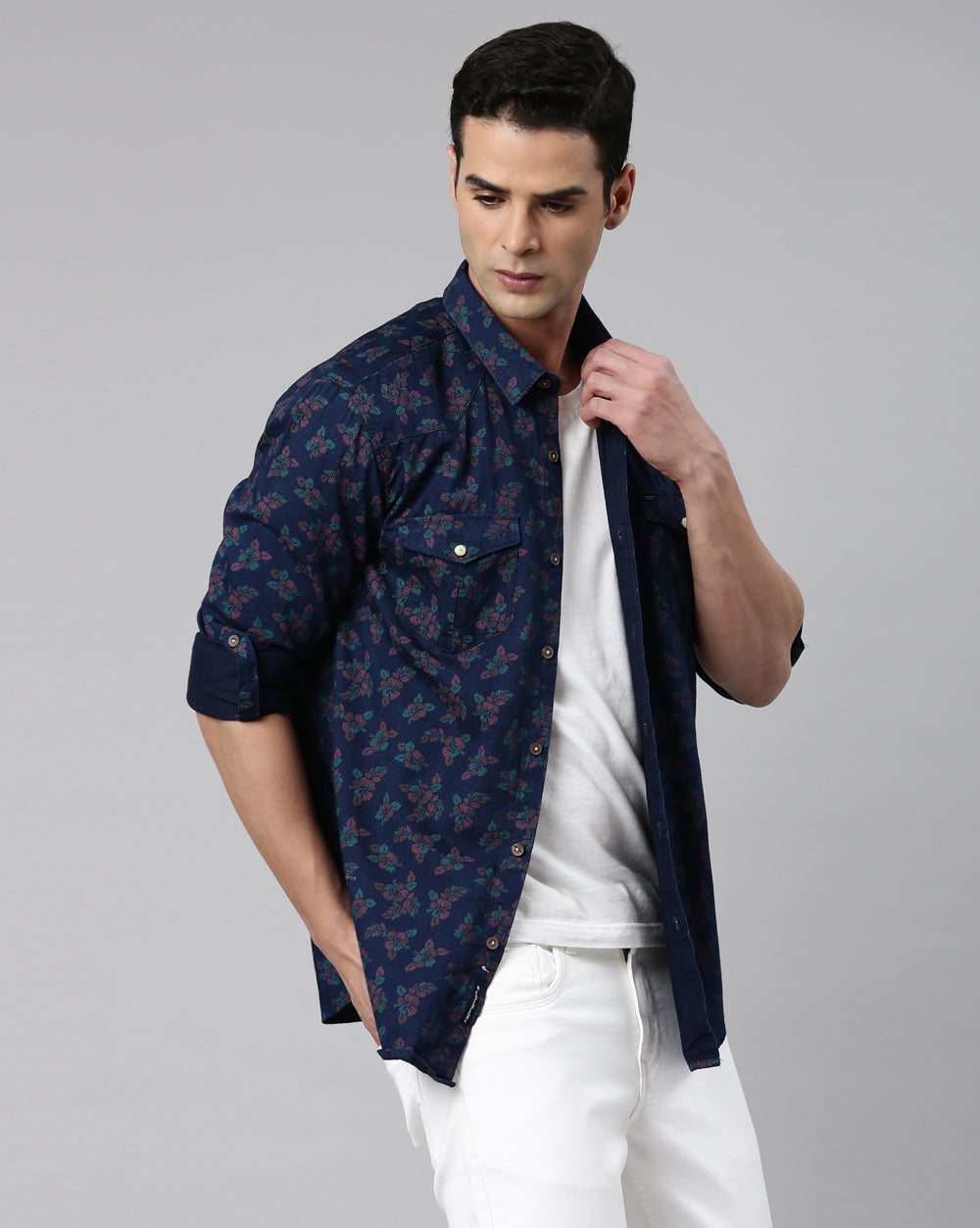 Men's Slim Fit Indigo Printed Shirt