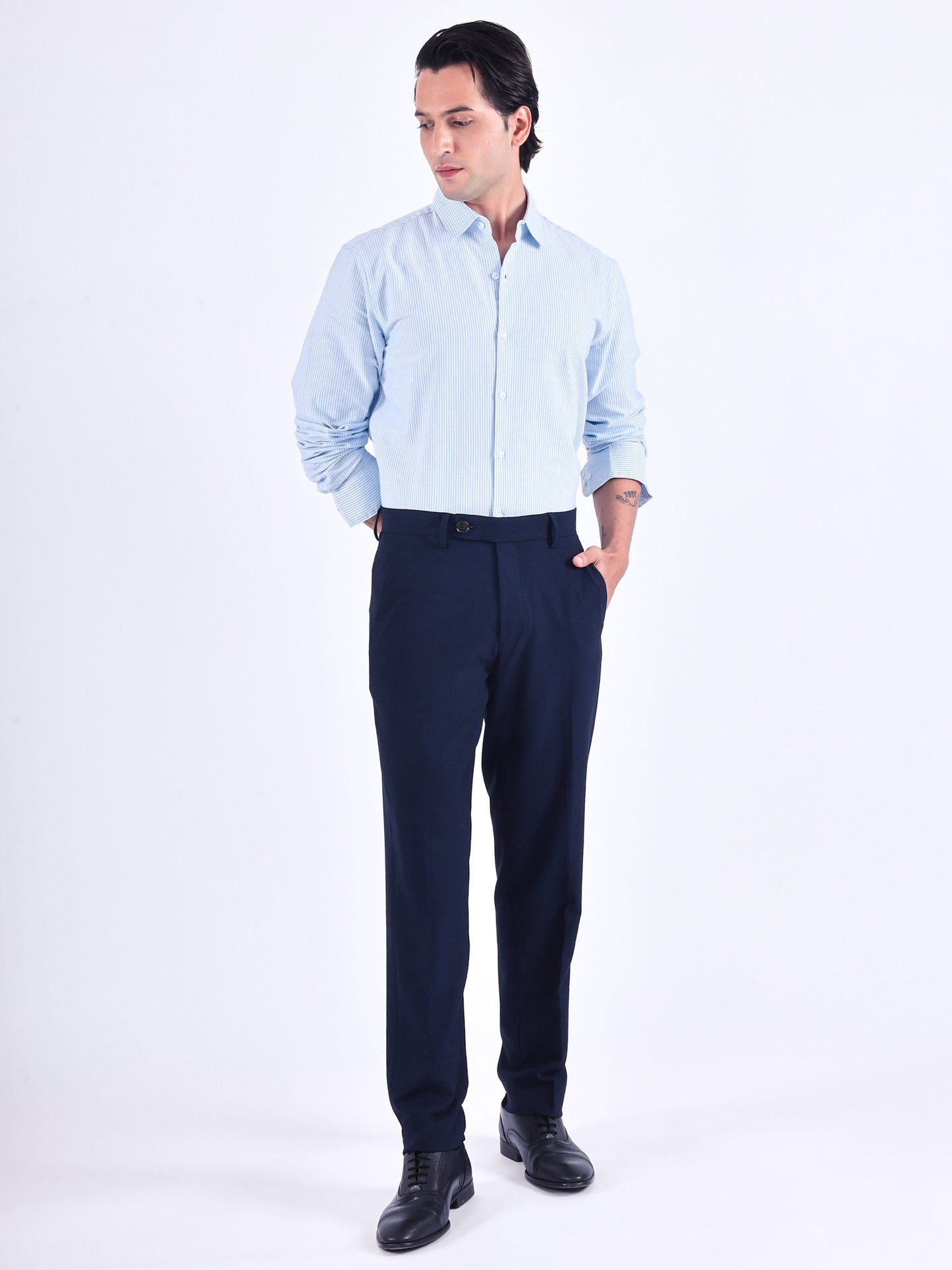 Stretch Easy Striped Formal Pants In Blue
