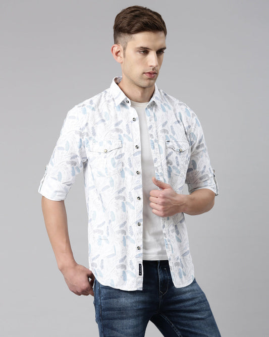 White And Blue Printed Shirt