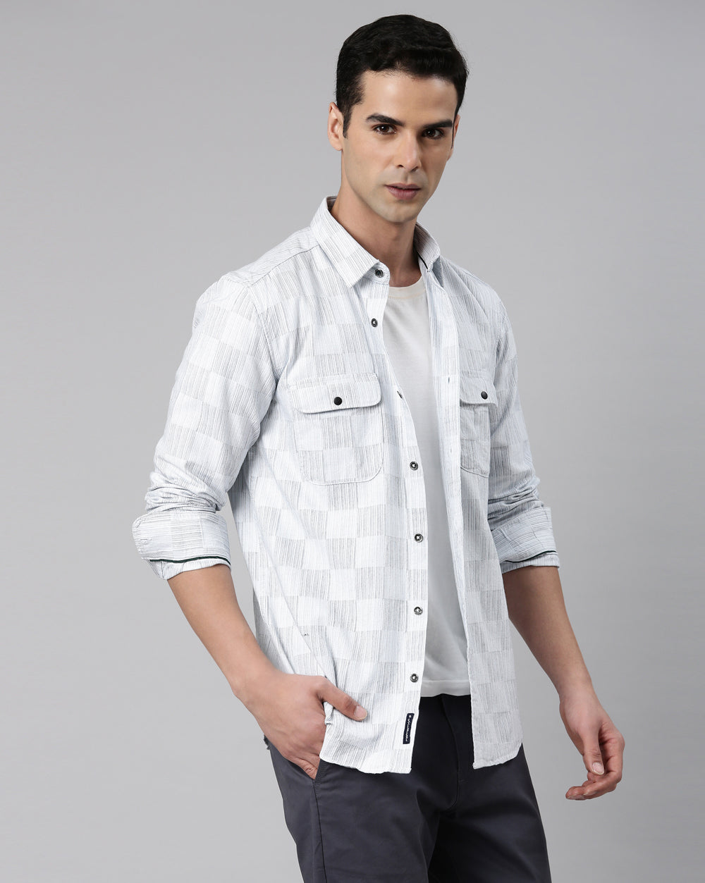 Light Grey Checkered Denim Shirt