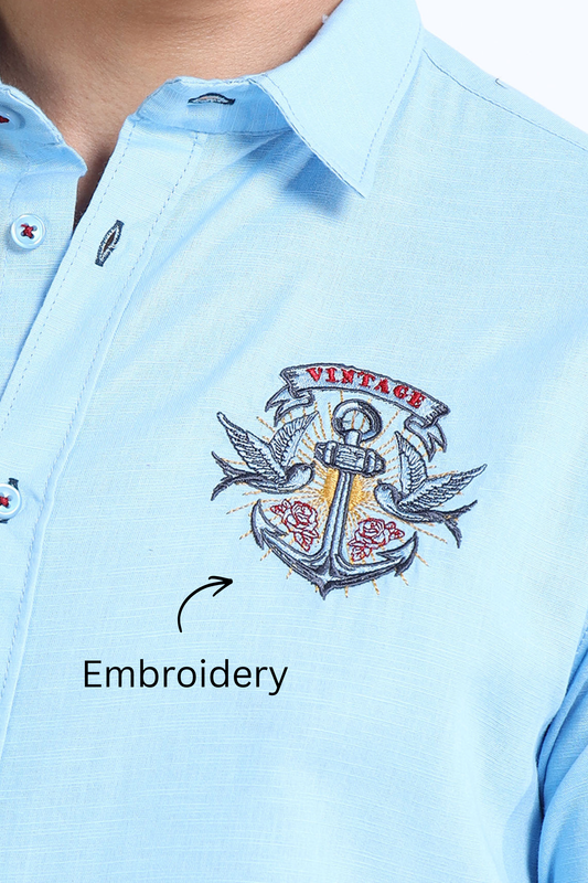 Men’s Light Blue Cotton Casual Shirt with Anchor Embroidery Detailing