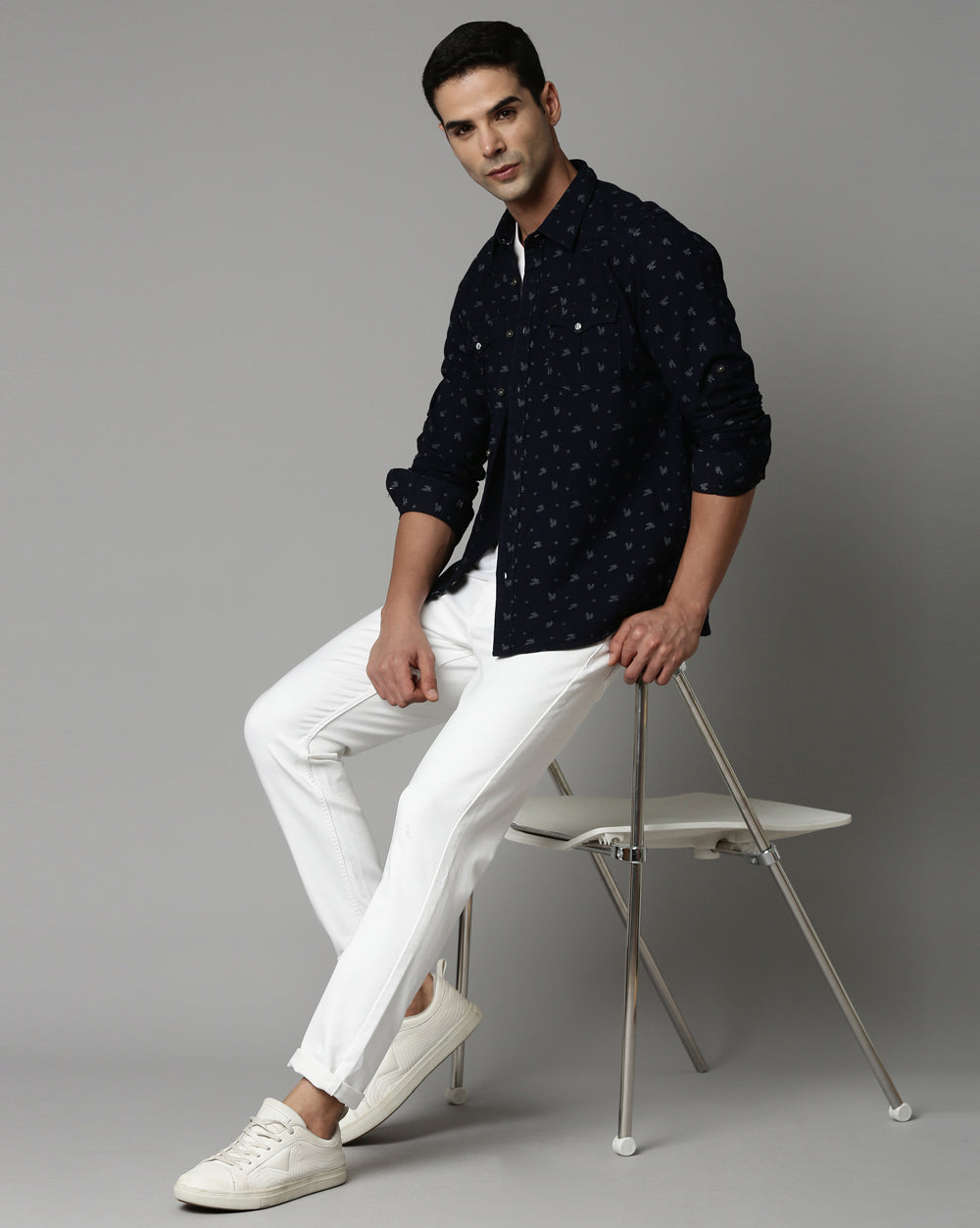 Indigo Double Pocket Denim Printed Shirt