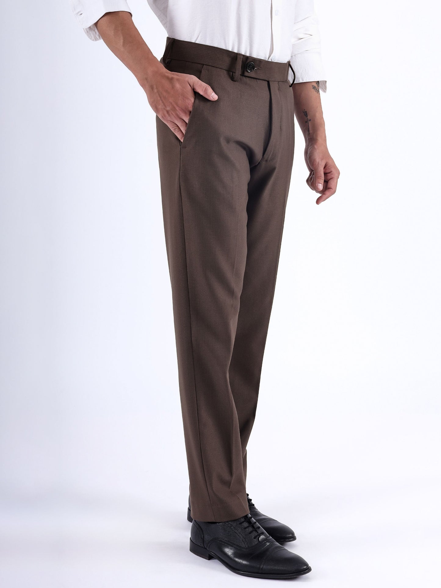 Stretch Easy Striped Formal Pants In Brown