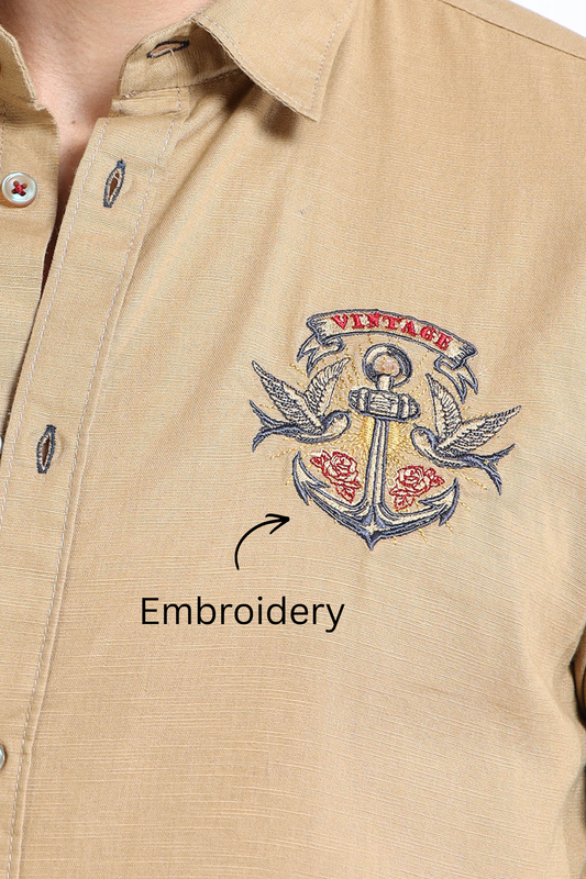 Men’s Brown Cotton Casual Shirt with Anchor Embroidery Detailing