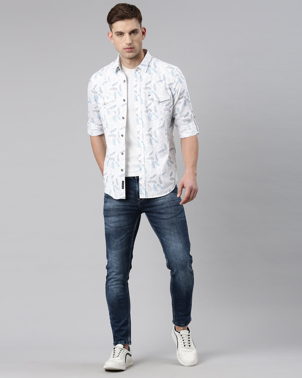 White And Blue Printed Shirt
