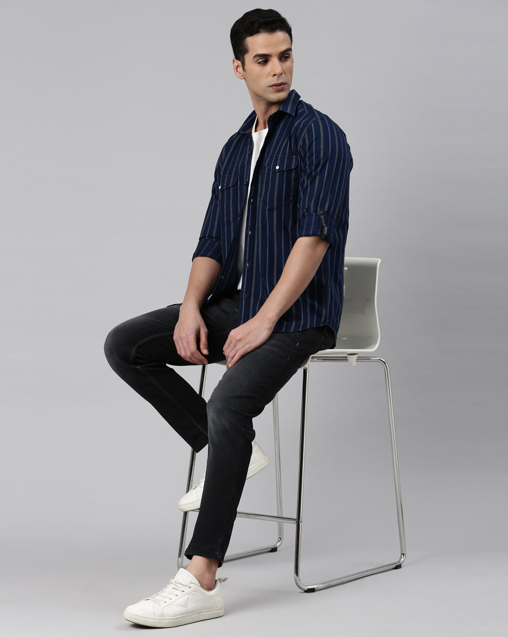 Indigo Double Pocket Striped Shirt