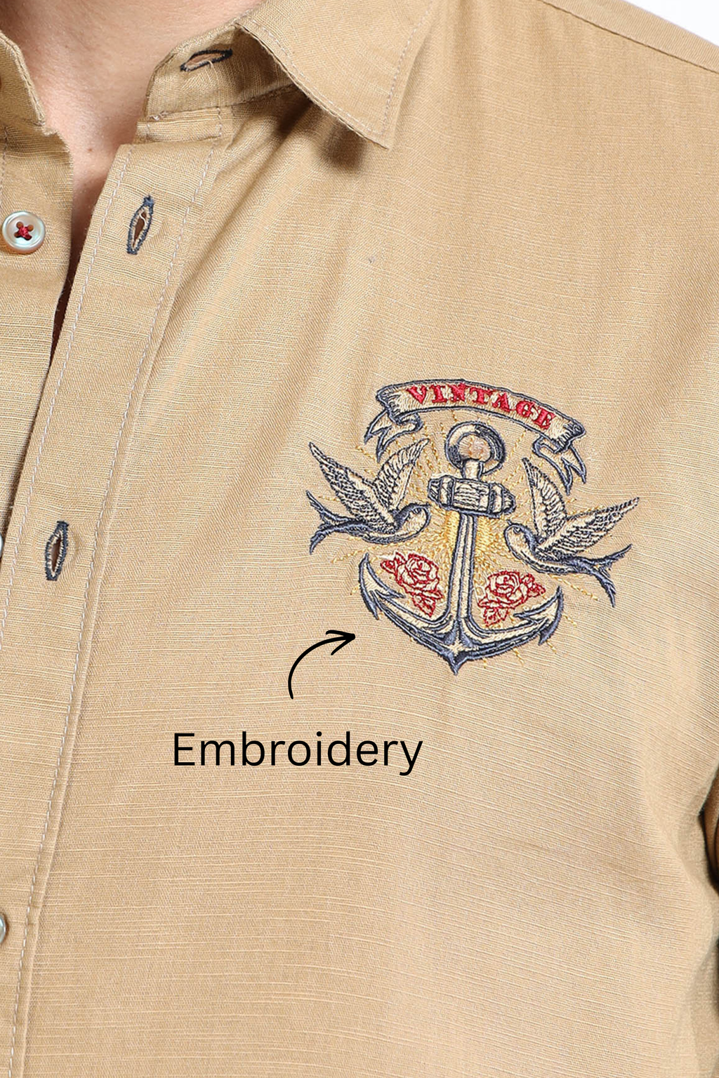 Men’s Brown Cotton Casual Shirt with Anchor Embroidery Detailing