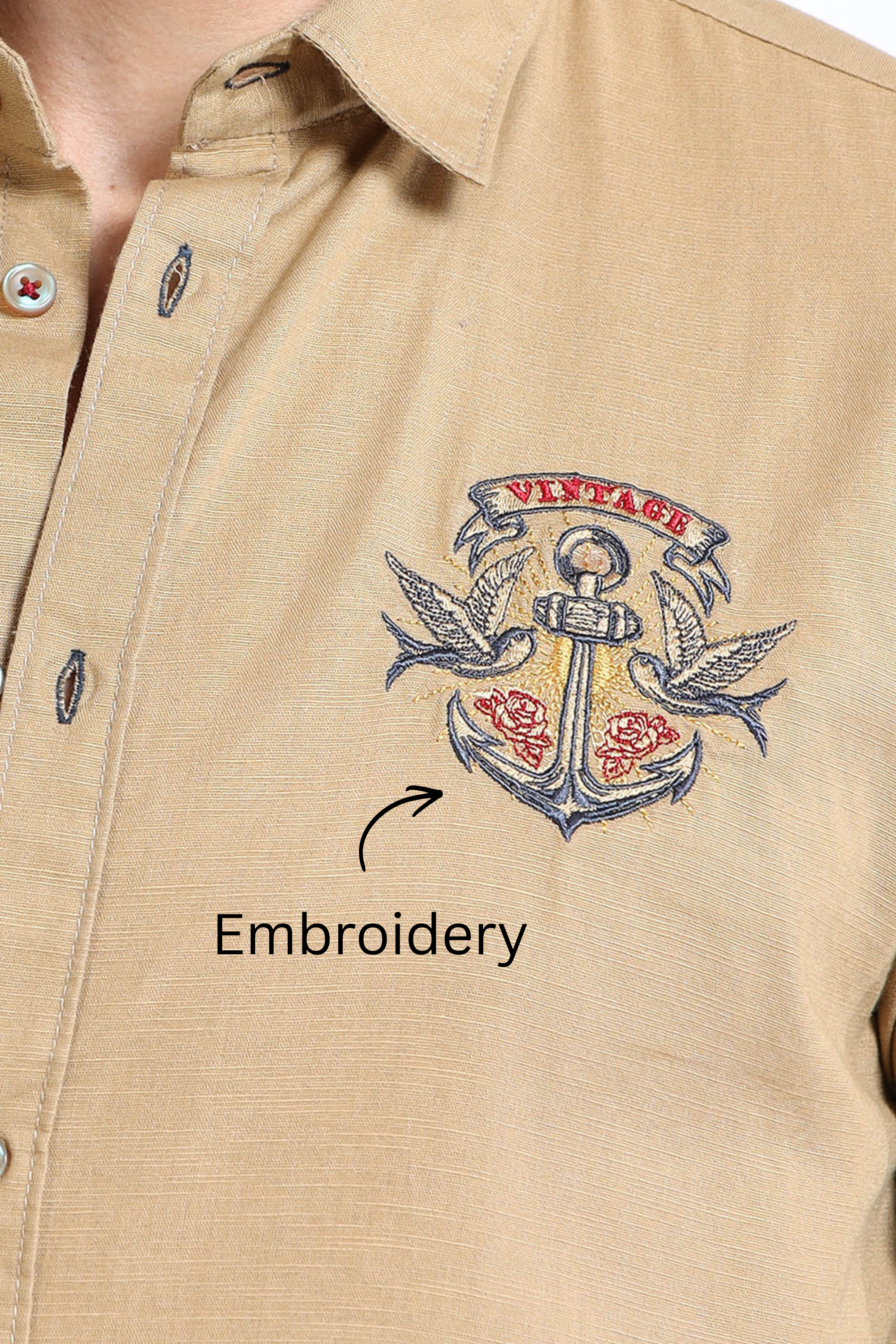 Men’s Brown Cotton Casual Shirt with Anchor Embroidery Detailing