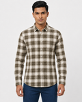 Men Oxford Square Checks Slim Fit Shirt – Olive Grey