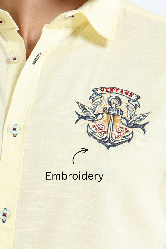 Men’s Light Yellow Cotton Casual Shirt with Nautical Anchor Embroidery