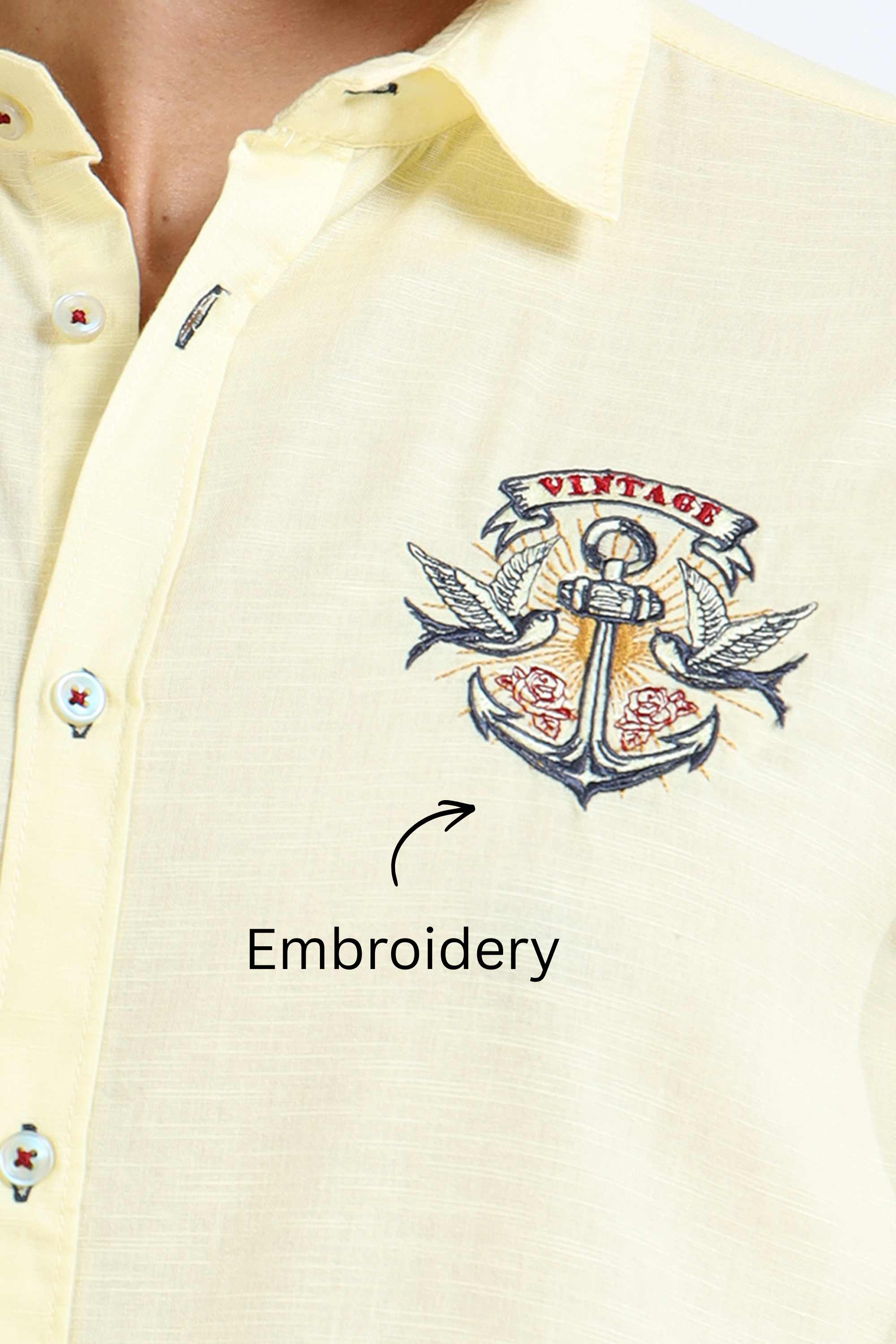 Men’s Light Yellow Cotton Casual Shirt with Nautical Anchor Embroidery