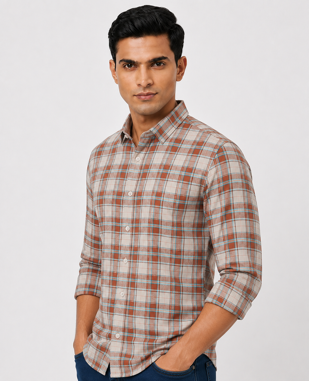 Men Oxford Square Checks Slim Fit Shirt – Red Blue