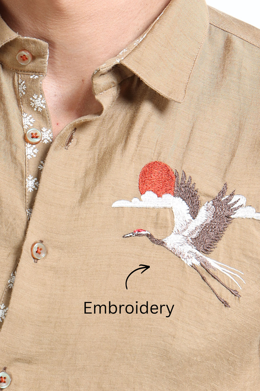 Men’s Beige Textured Cotton Casual Shirt with Crane Embroidery & Contrast Detailing