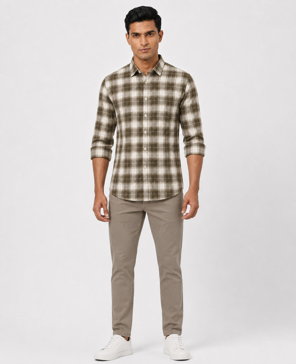 Men Oxford Square Checks Slim Fit Shirt – Olive Grey