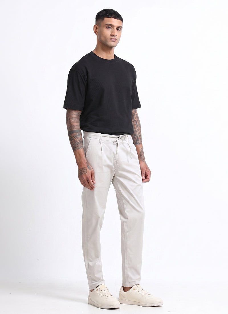 AIRY TWILL LYCRA Regular Fit Drawstring Trousers Light Grey